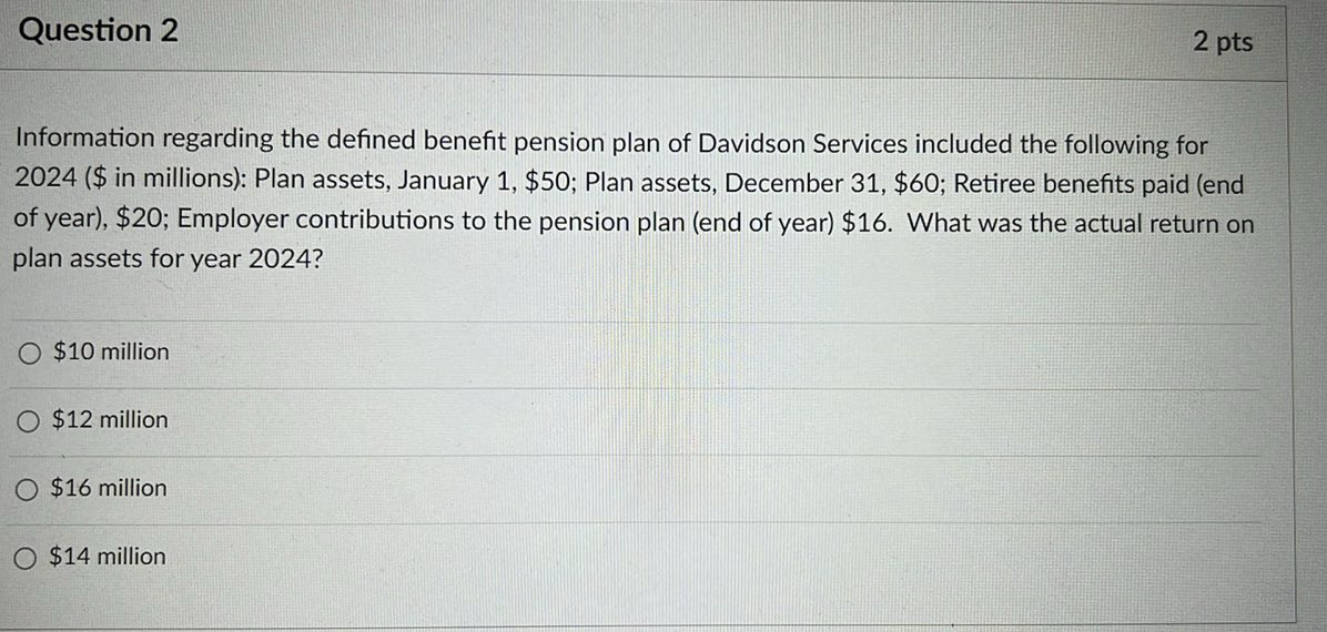  Question 2 2 pts Information regarding the defined benefit pension plan