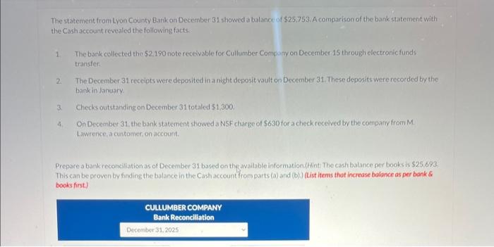 please help The statement from Lyon County Bank on December 31 showed