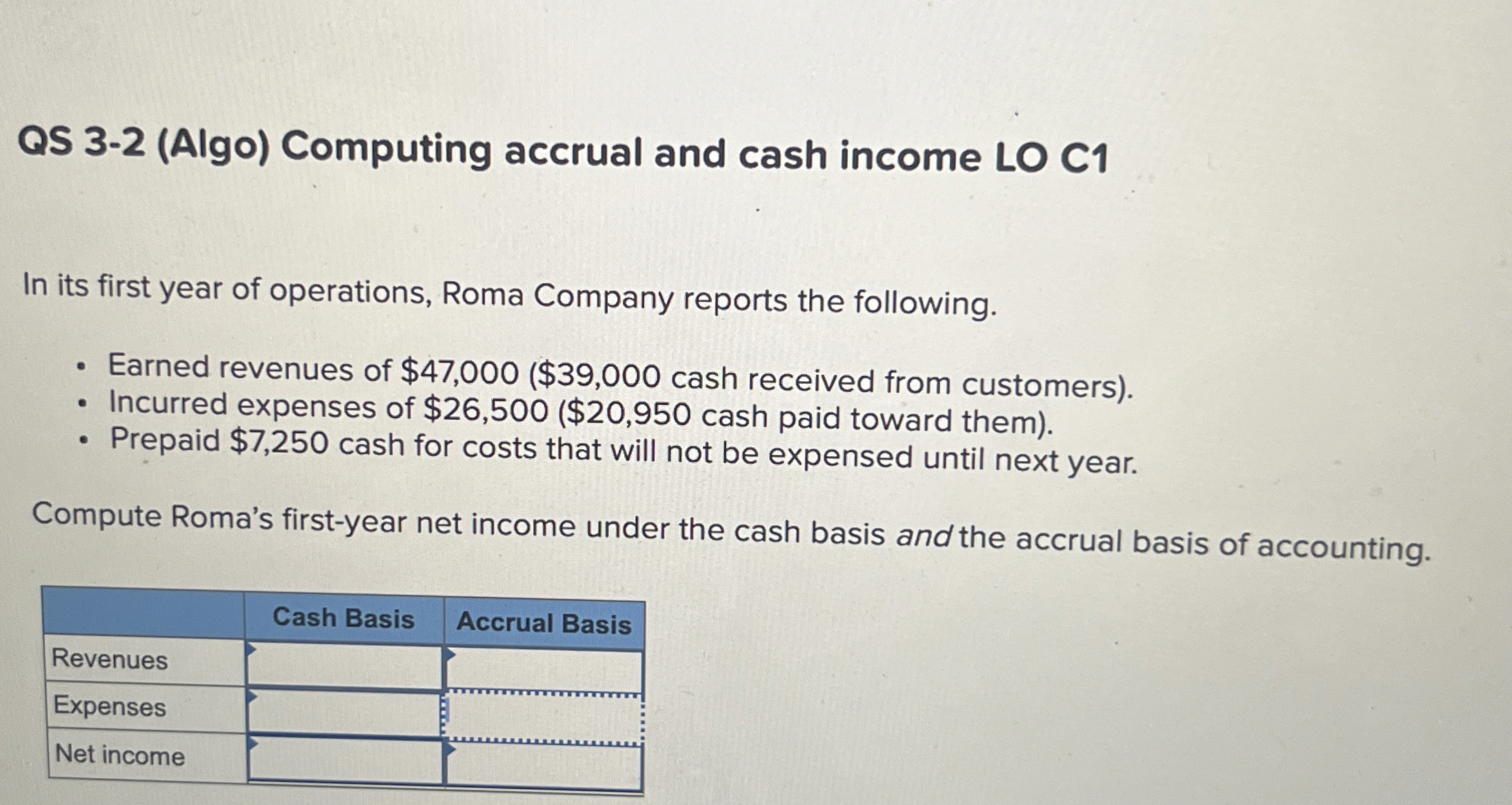  QS 3-2(Algo) Computing accrual and cash income LO C1 In its
