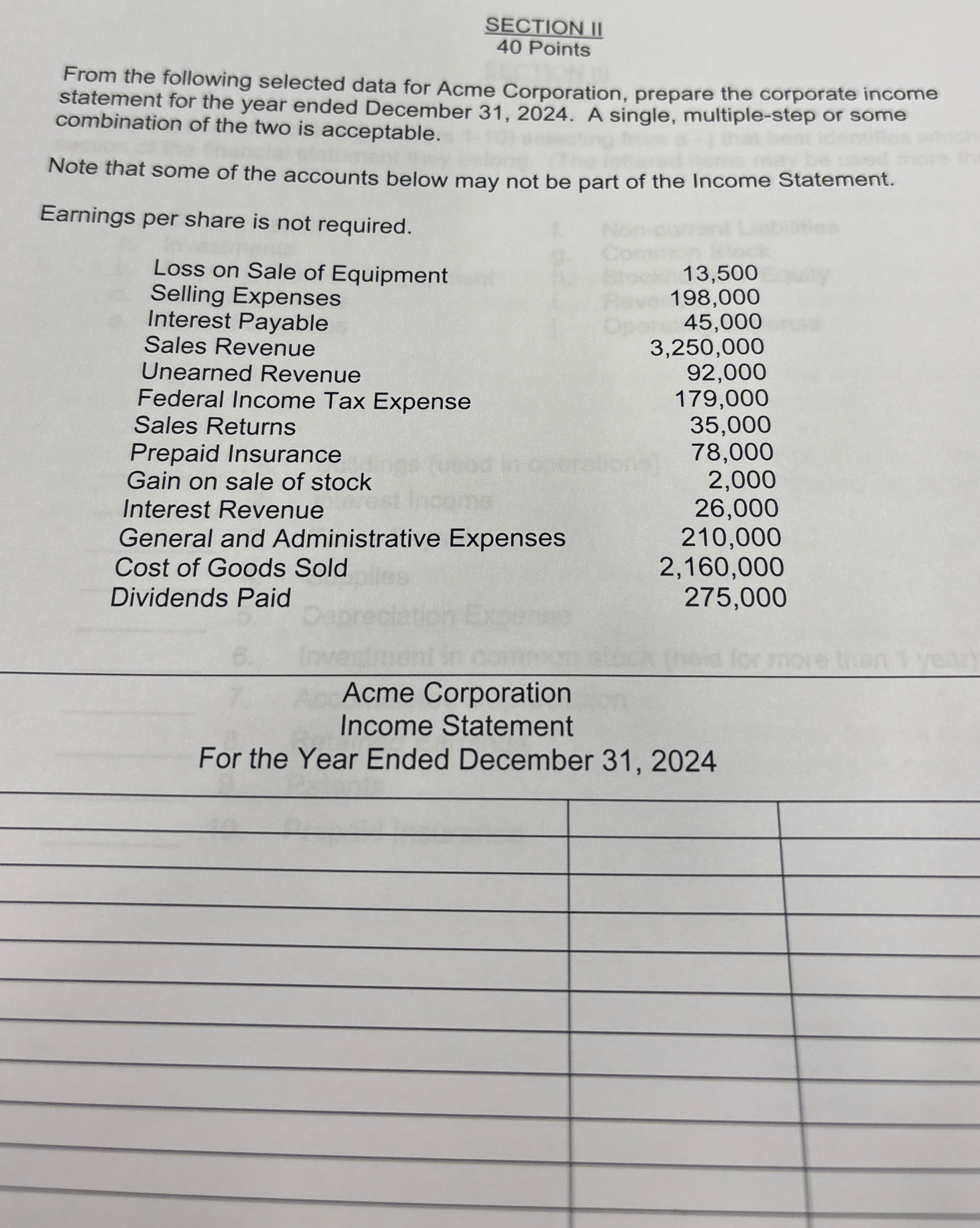  SECTION II 40 Points From the following selected data for Acme