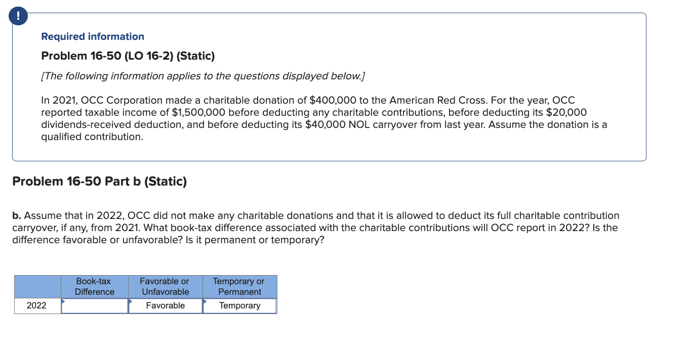Please solve the book tax difference. Problem 16-50 (LO 16-2) (Static) [The