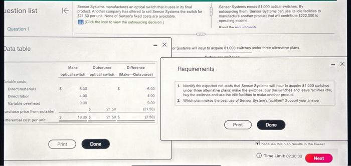  need help! Requirement 1. Identify the expected net costs that Sensor