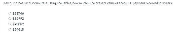 Kevin, Inc. has 5% discount rate. Using the tables, how much