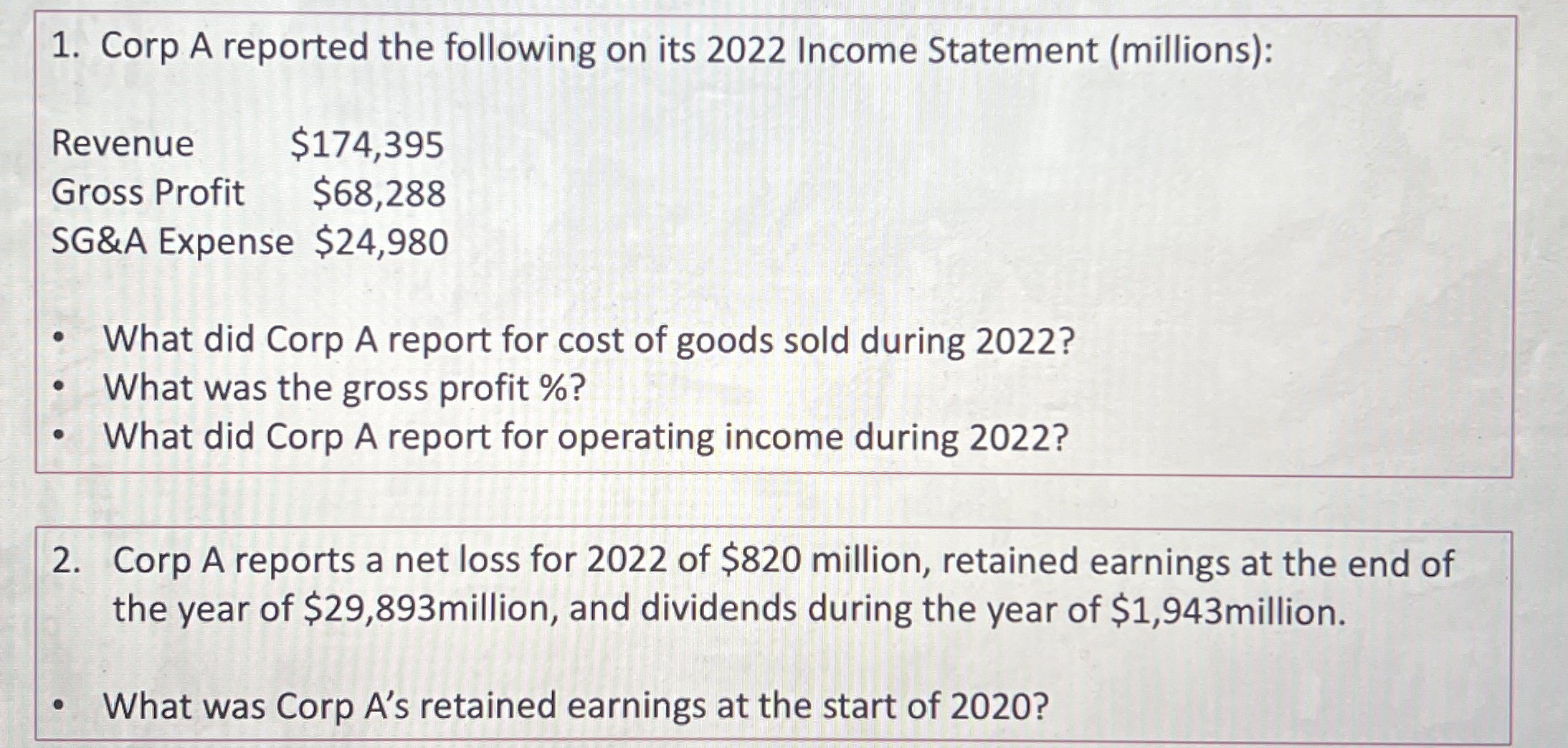  Corp A reported the following on its 2022 Income Statement (millions):
