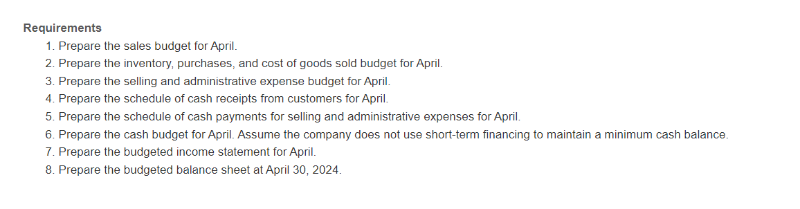 has requested a budgeted income statement for the month of April 2024