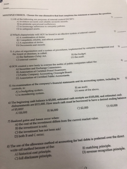  Name. MULTIPLE CHOICE Choose the one alternative tht best commpletes the