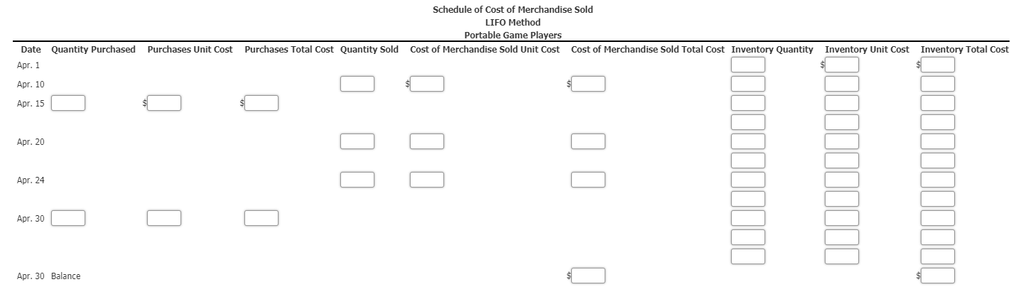 portable game players are as follows: Apr. 1 Inventory 36 units @