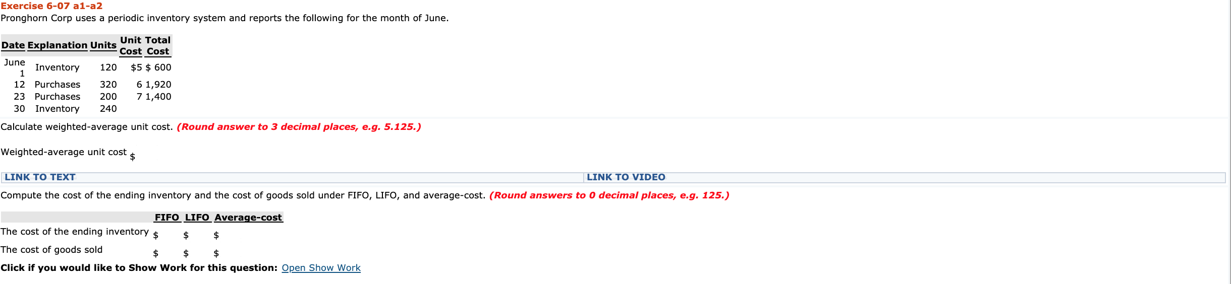 Exercise 6-07 a1-a2 Pronghorn Corp uses a periodic inventory system and
