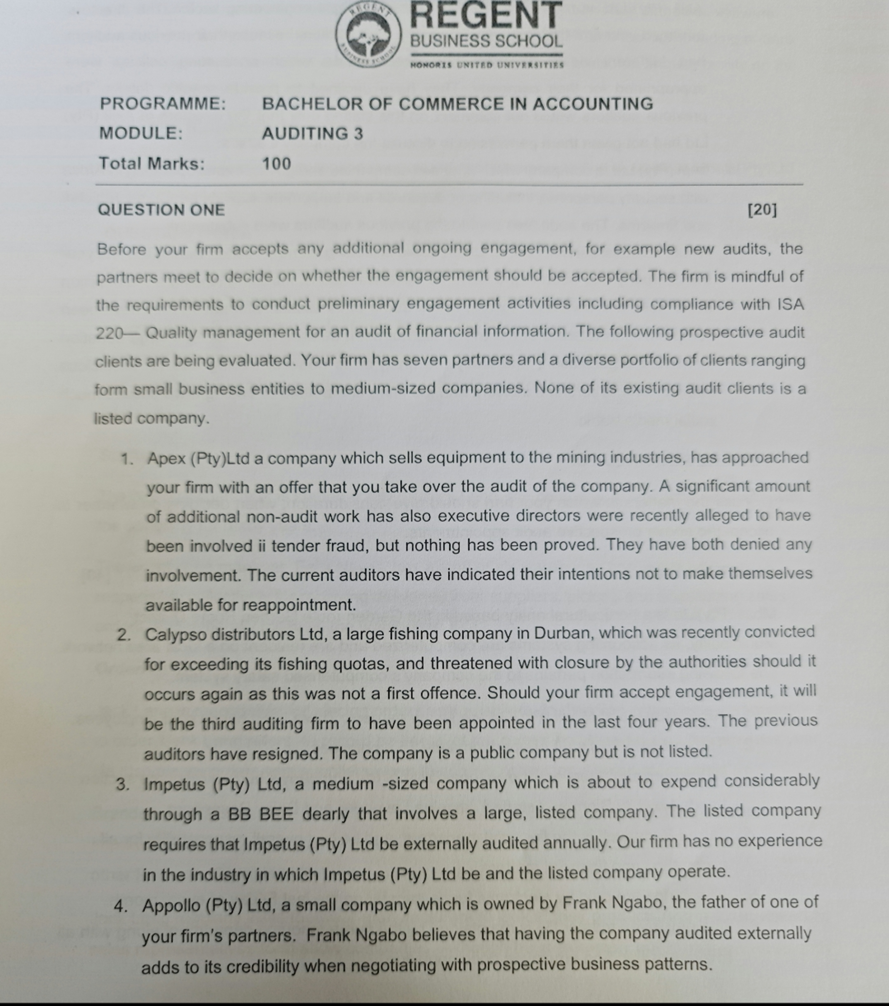  PROGRAMME: BACHELOR OF COMMERCE IN ACCOUNTING MODULE: AUDITING 3 Total Marks: