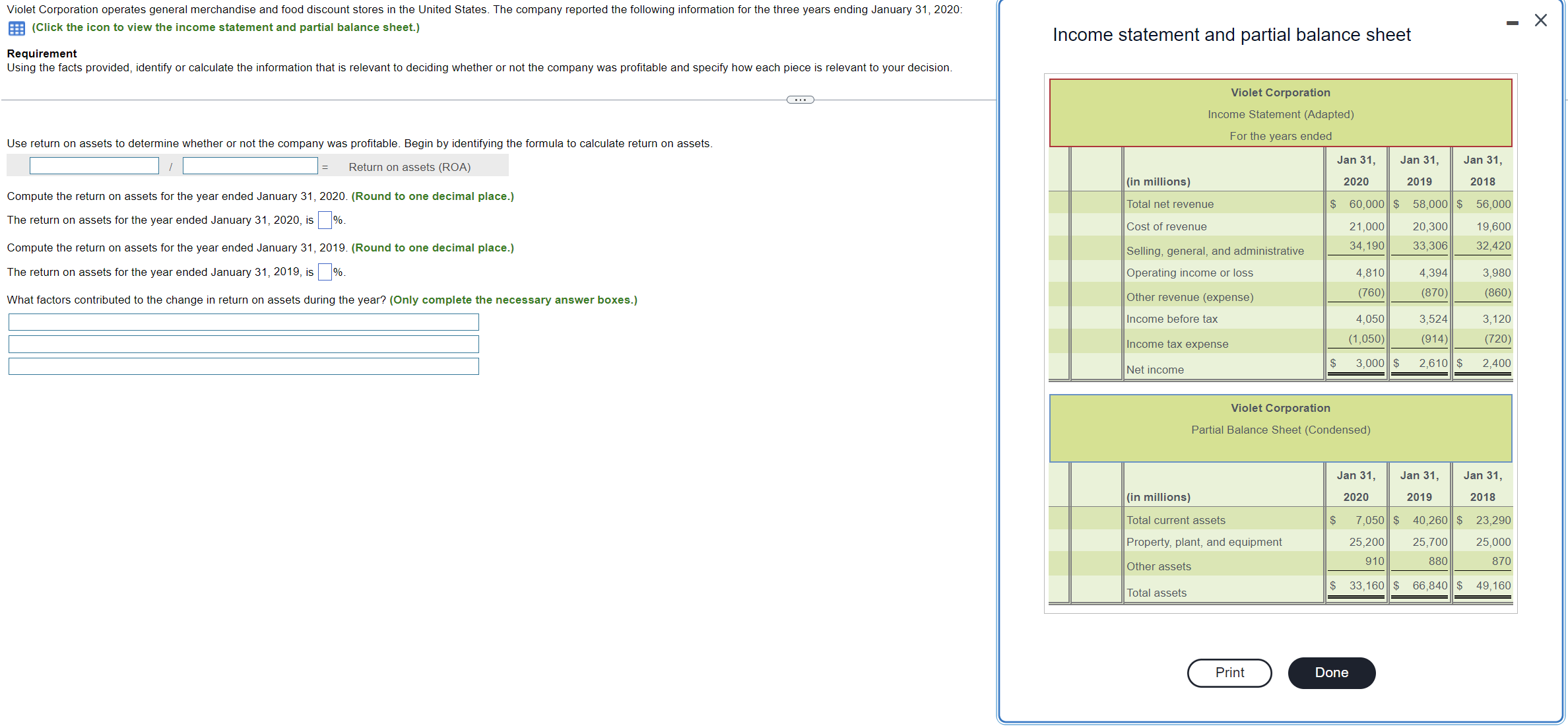  Income statement and partial balance sheet Use return on assets to