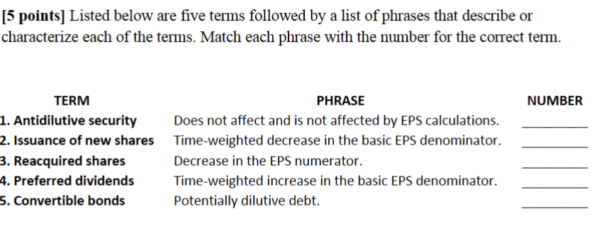  [5 points] Listed below are five terms followed by a list
