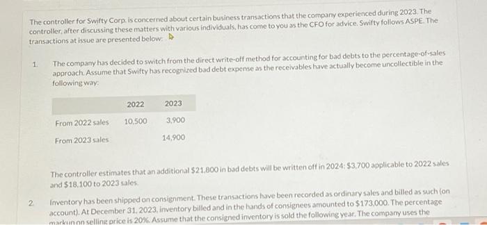  answer b please The controller for Swifty Corp. is concerned about