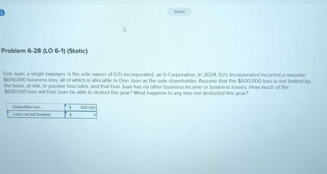  Problem 6-28(LO 6-1)(Static) Don Juan, a single taxpayer, is the sole