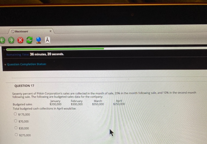  Blackboard Remaining Time: 36 minutes, 20 seconds. Question Completion Status: QUESTION