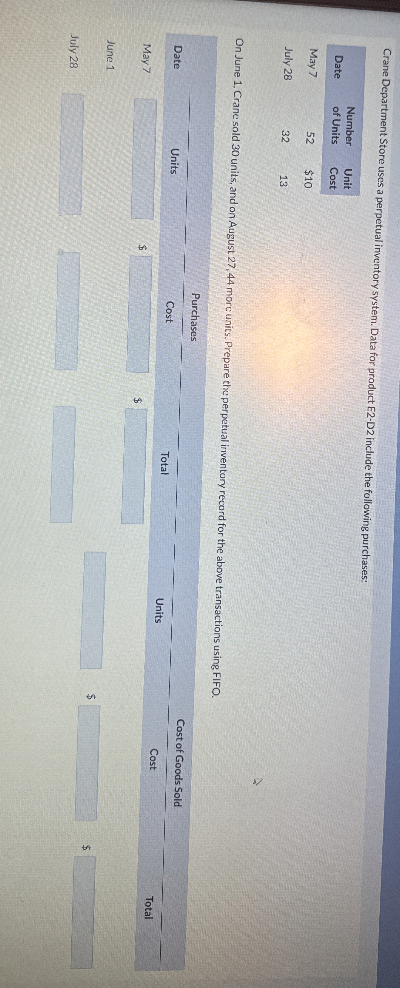  Crane Department Store uses a perpetual inventory system. Data for product