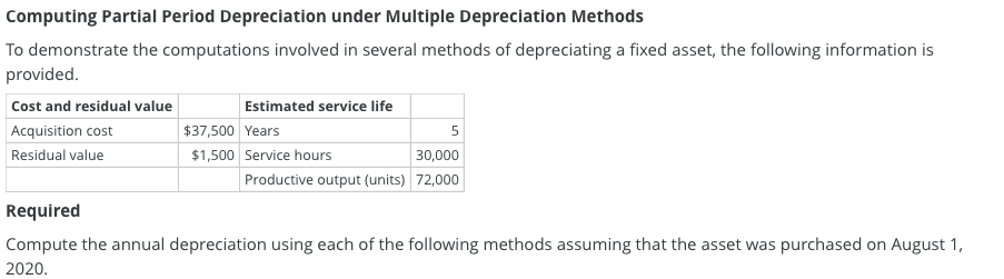 Computing Partial Period Depreciation under Multiple Depreciation Methods To demonstrate the