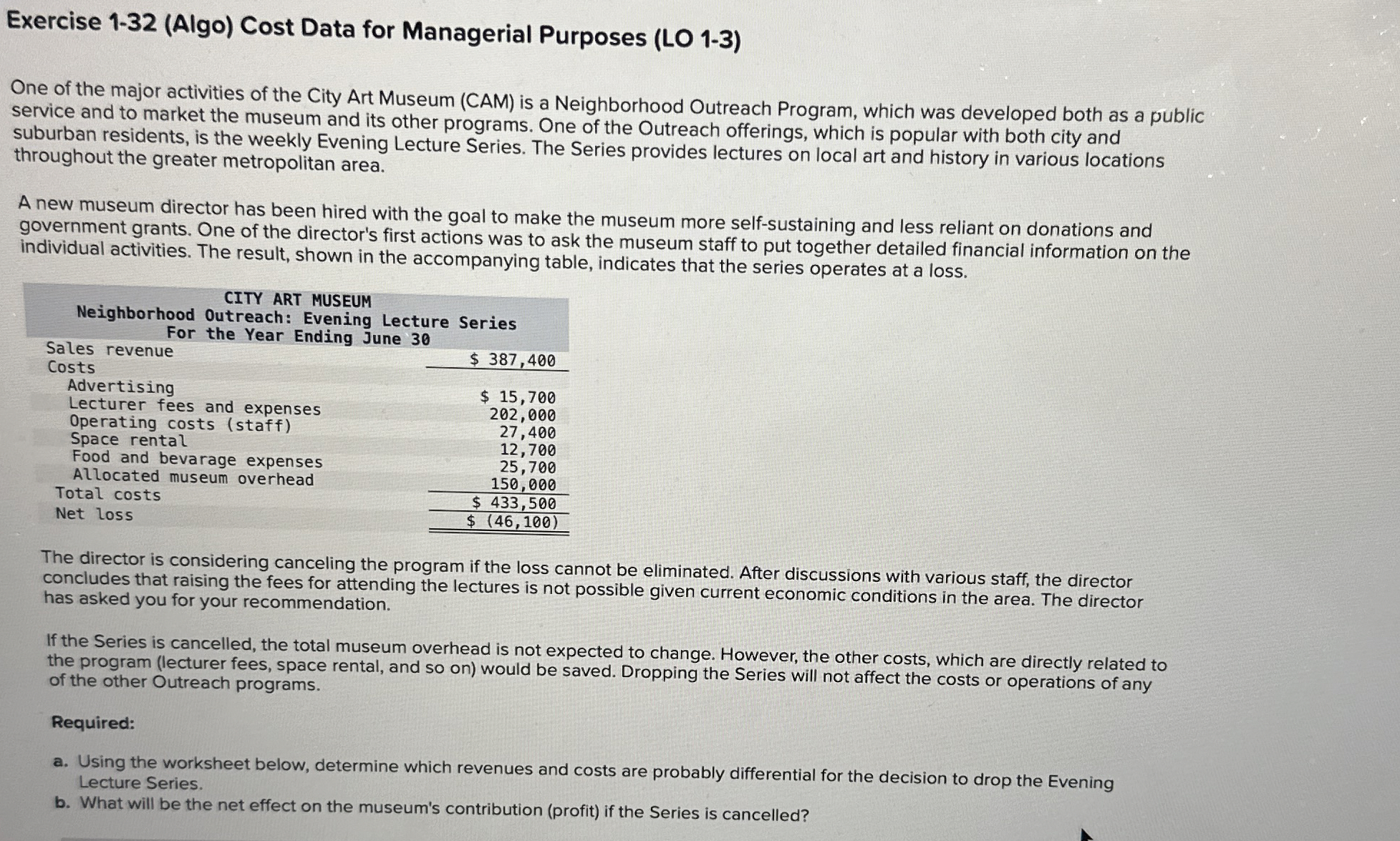  Exercise 1-32(Algo) Cost Data for Managerial Purposes (LO 1-3) One of