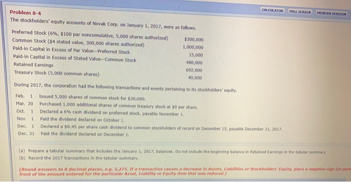  CALCULATOR FULL SCREEN PRINTER VERSION Problem 8-4 The stockholders' equity accounts