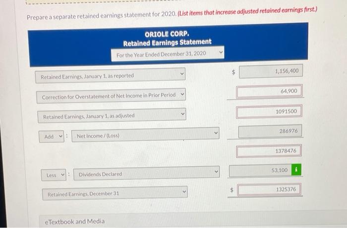 Oriole Corp. for the year 2020. $ 94,400 $1,534,000 920,400 64,900 Net