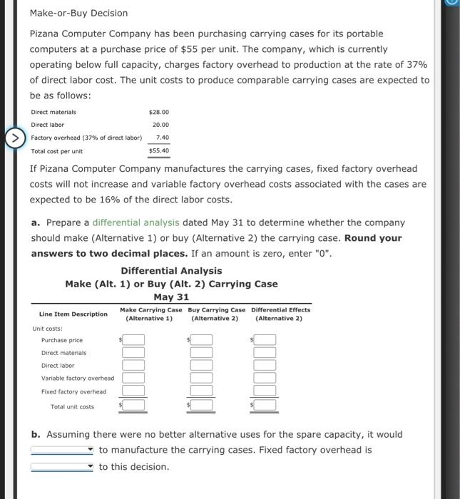 Make-or-Buy Decision Pizana Computer Company has been purchasing carrying cases for