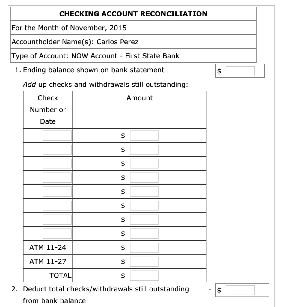Bank. His checkbook ledger lists the following checks: Check Numbers 654 658