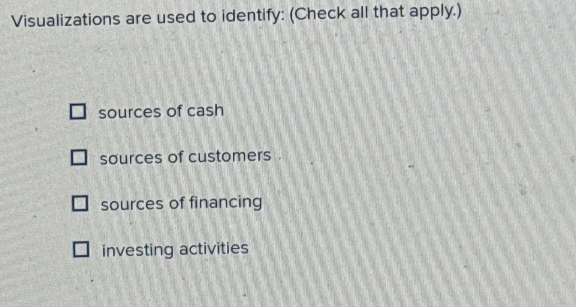  Visualizations are used to identify: (Check all that apply.) sources of