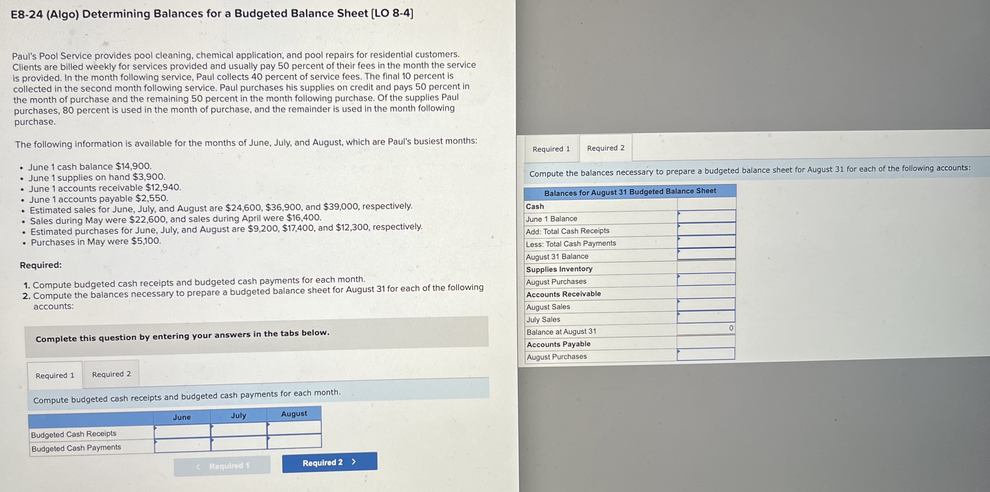  E8-24(Algo) Determining Balances for a Budgeted Balance Sheet [LO 8-4] Paul's