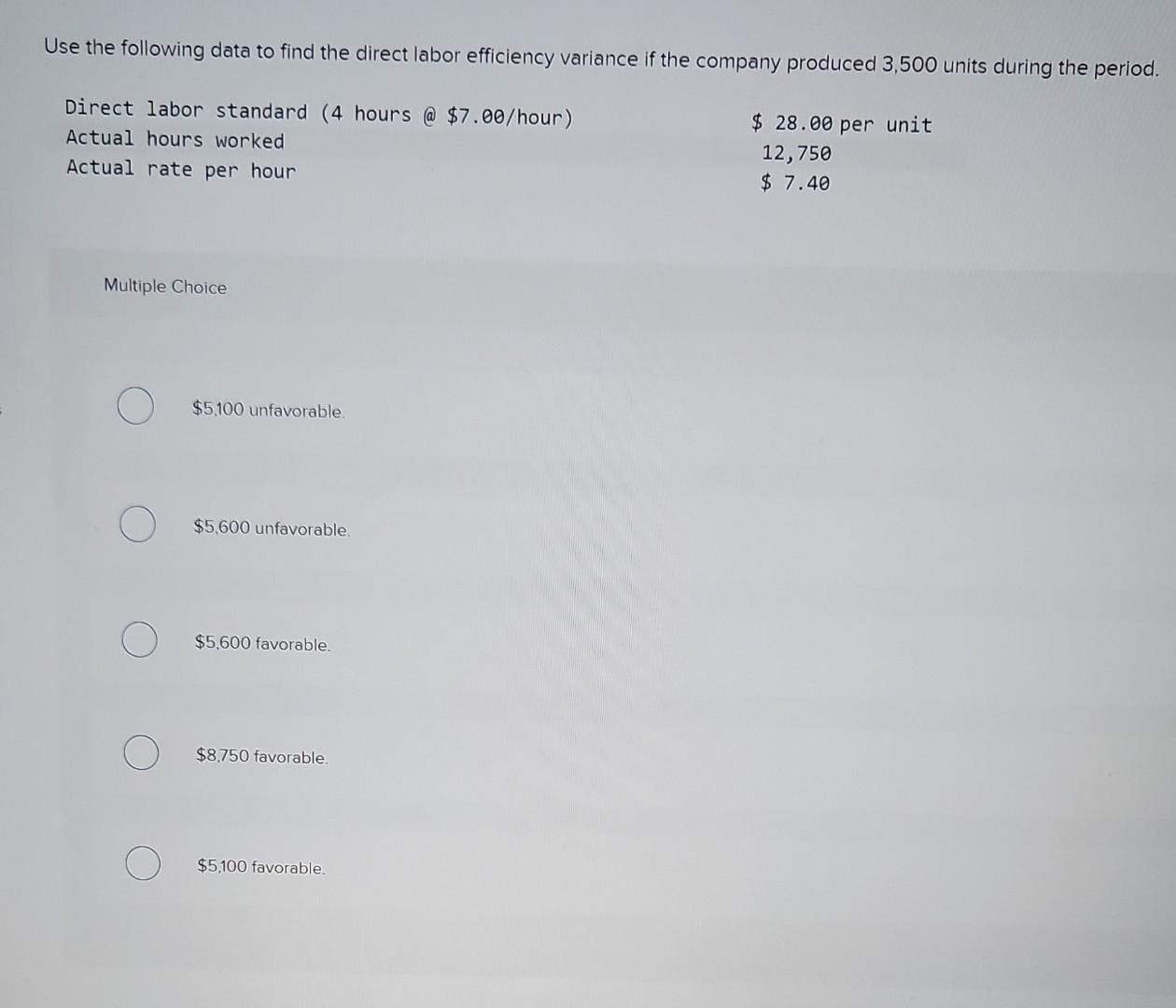 Use the following data to find the direct labor efficiency variance