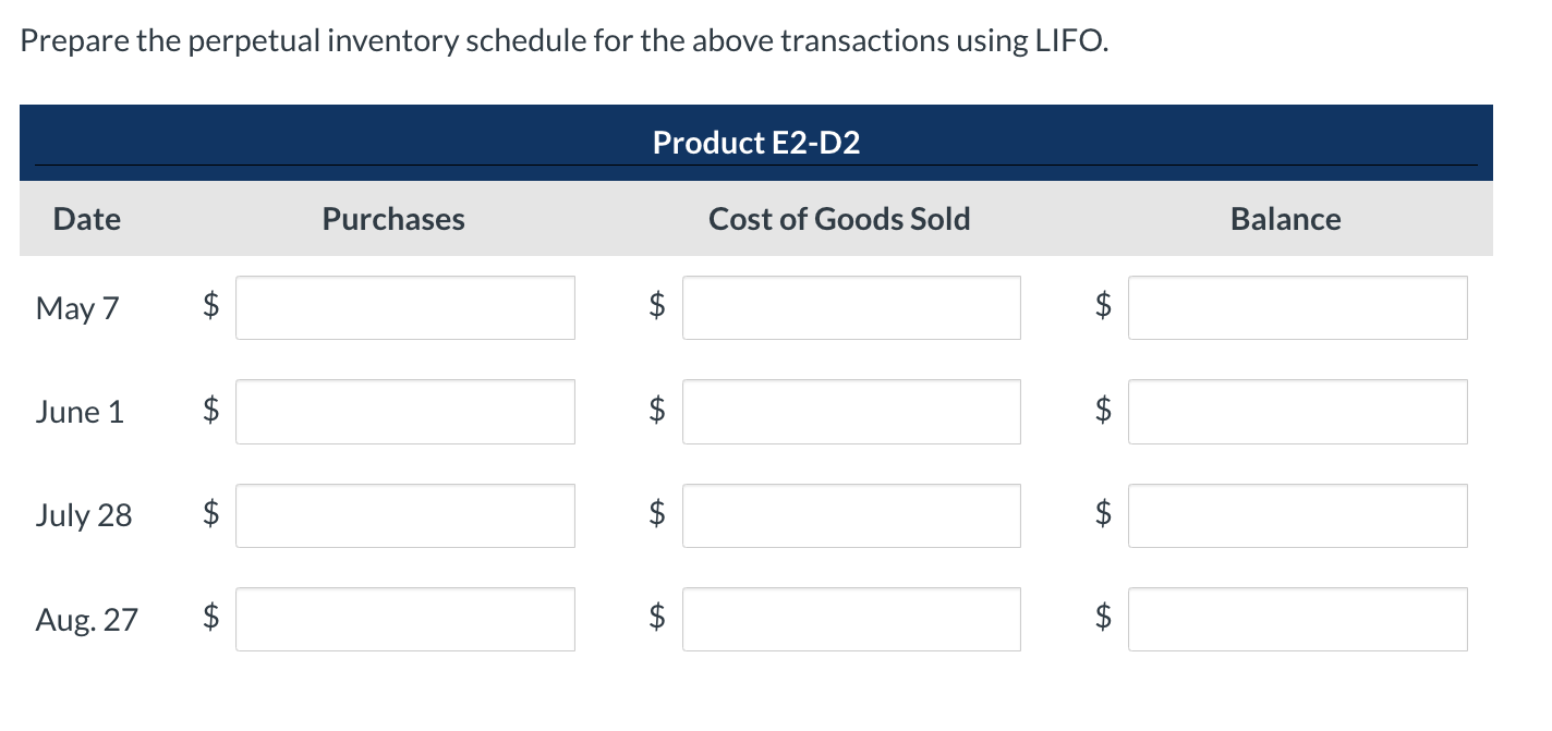inventory system. Data for product E2-D2 include the following purchases. Date Number