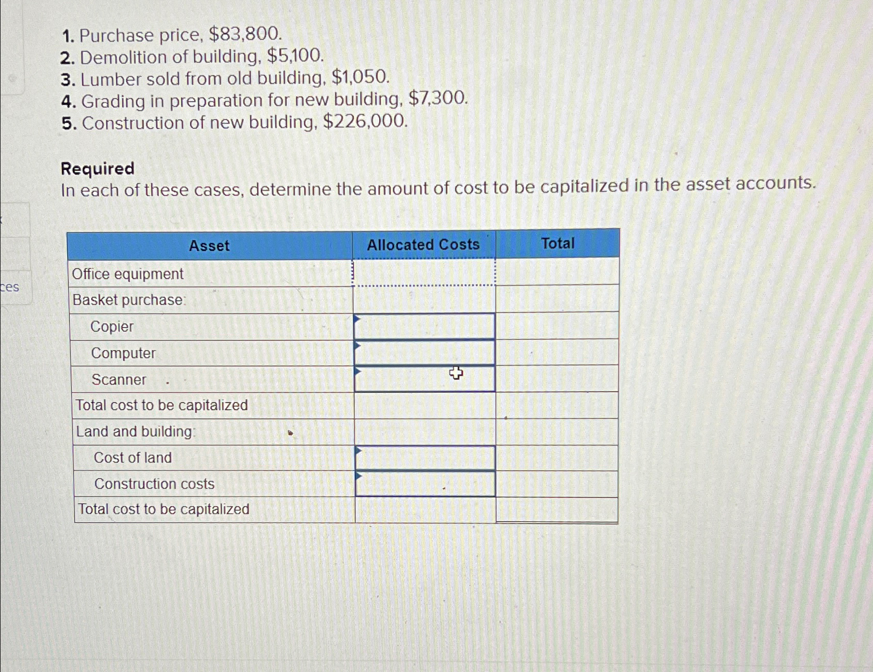  Problem 6-22A (Algo) Accounting for acquisition of assets, including a basket