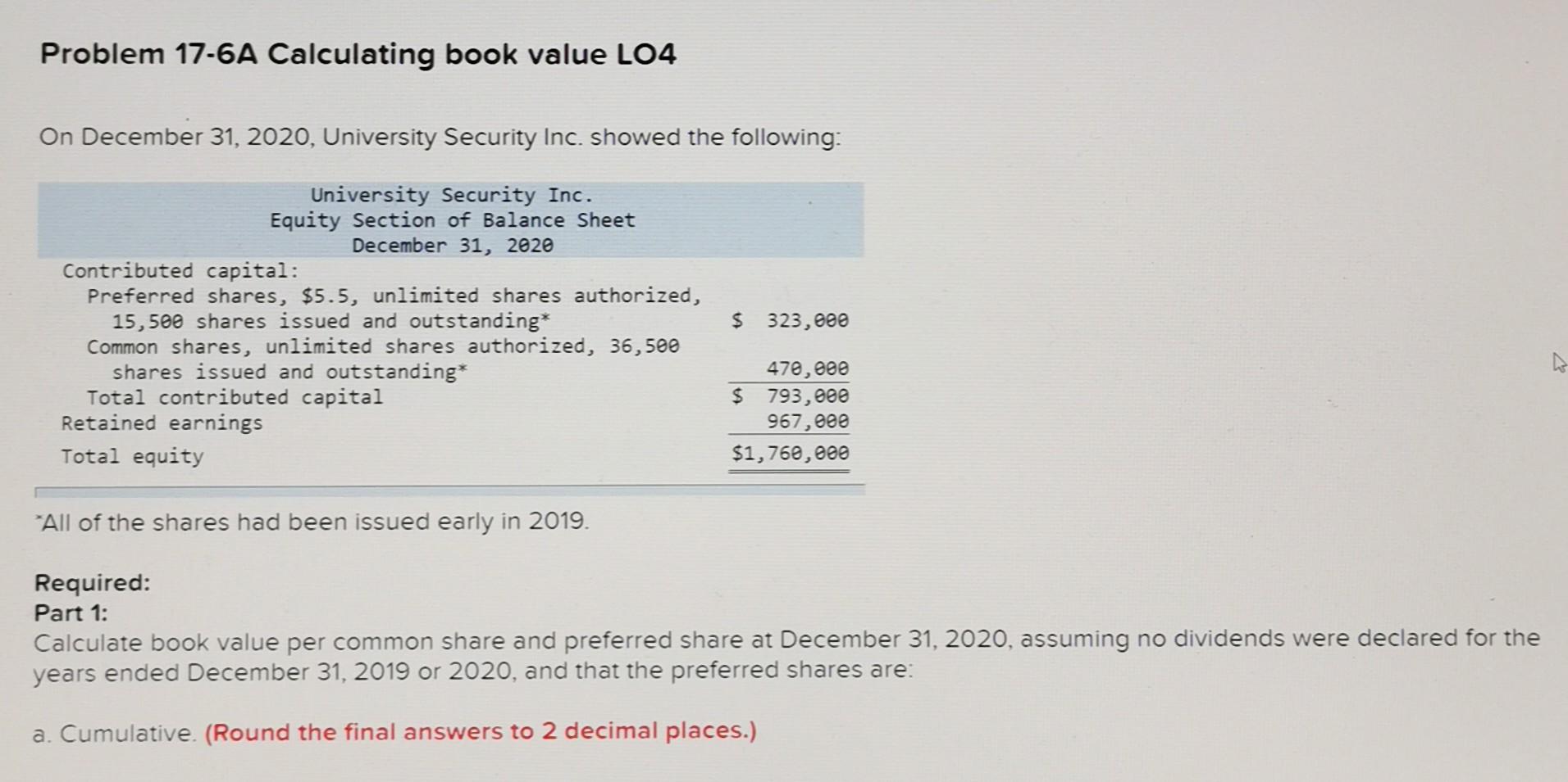 on December Problem 17-6A Calculating book value LO4 On December 31, 2020,