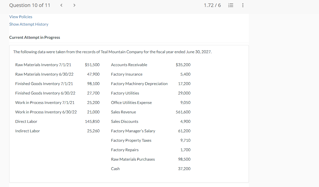  Current Attempt in Progress Prepare an income statement through gross profit.