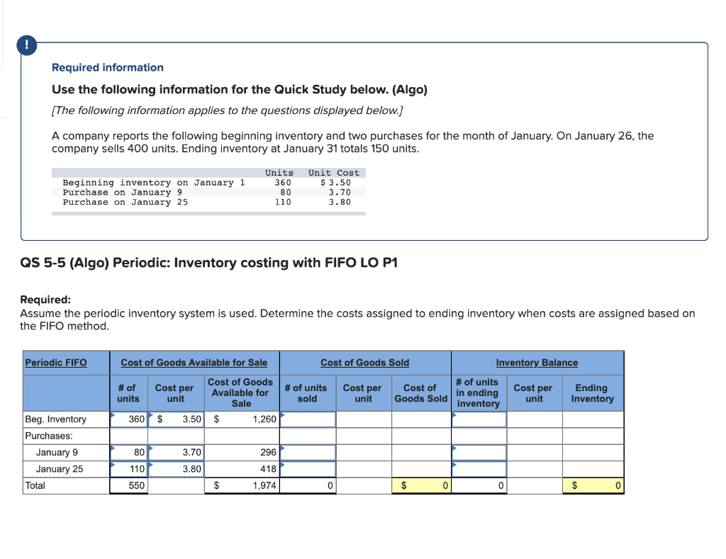 ! Required information Use the following information for the Quick Study