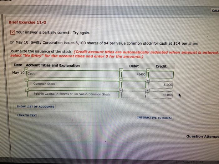  CAL Brief Exercise 11-2 Your answer is partially correct. Try again