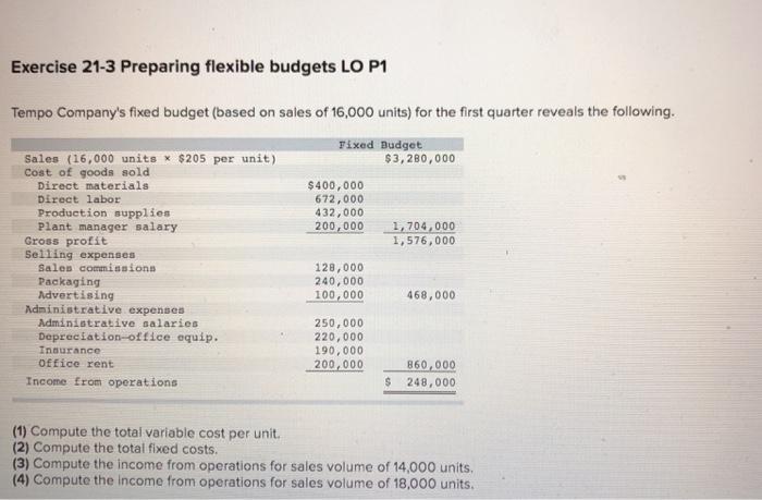  Exercise 21-3 Preparing flexible budgets LO P1 Tempo Company's fixed budget