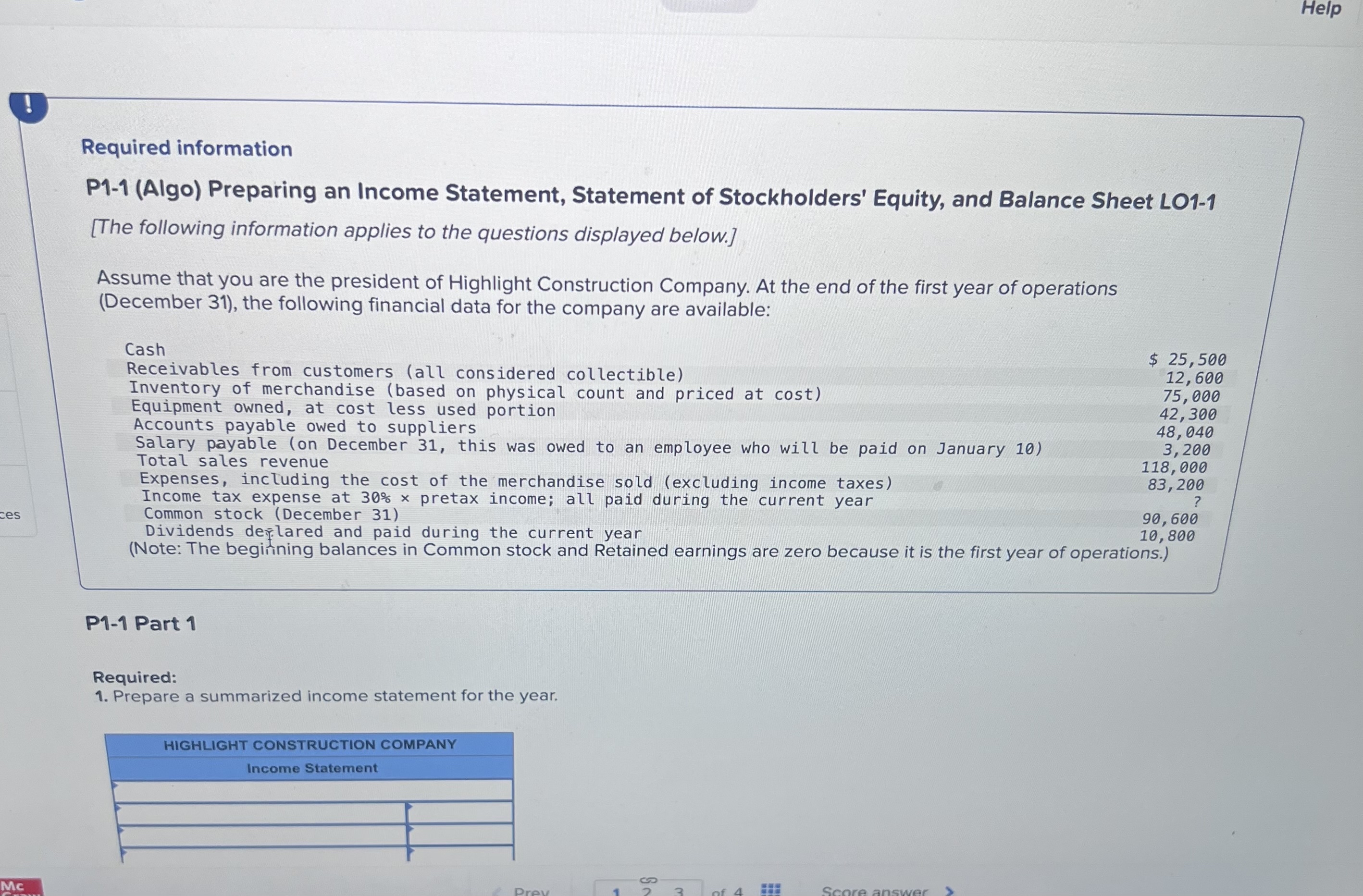  Required information P1-1(Algo) Preparing an Income Statement, Statement of Stockholders' Equity,