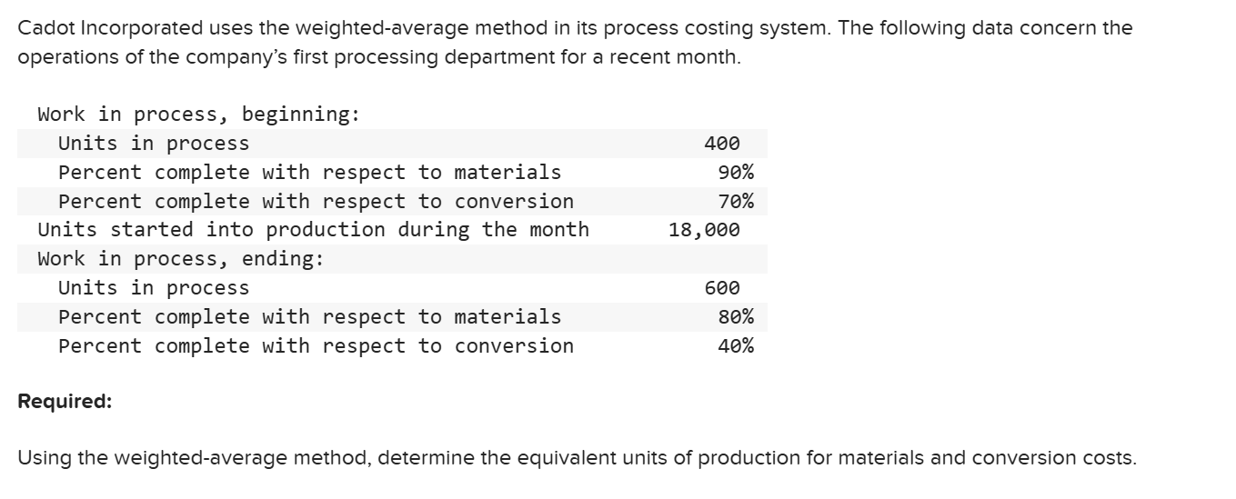  Cadot Incorporated uses the weighted-average method in its process costing system.