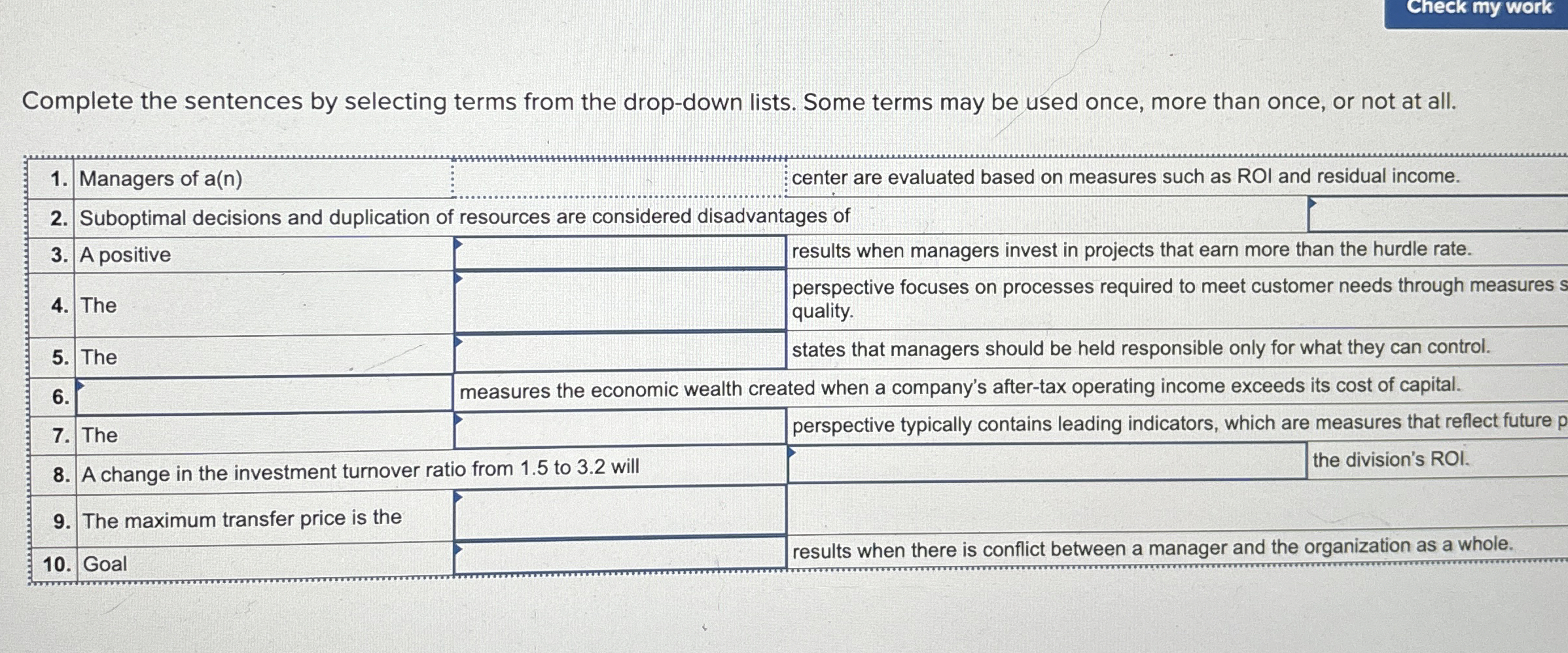  Complete the sentences by selecting terms from the drop-down lists. Some