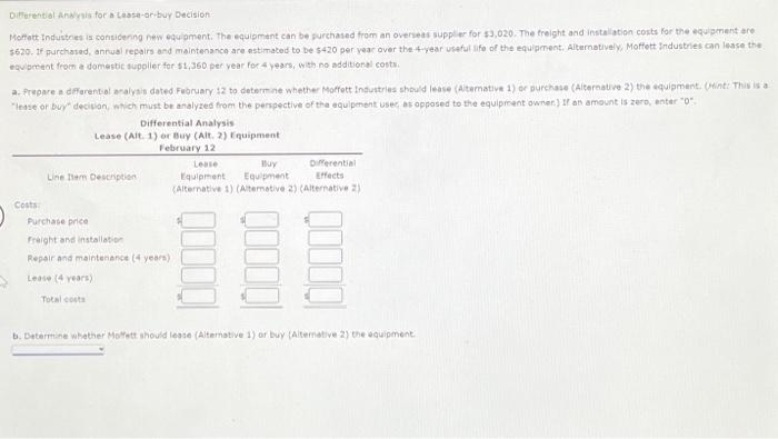 like plz help b4 11:59 Differential Analysis for o Lease op-sell Dectsion