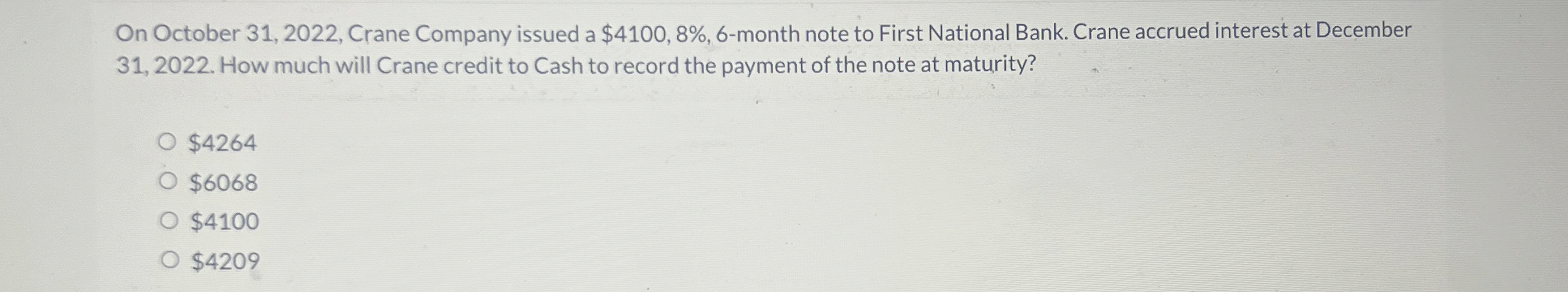  On October 31,2022, Crane Company issued a $4100,8%,6-month note to First