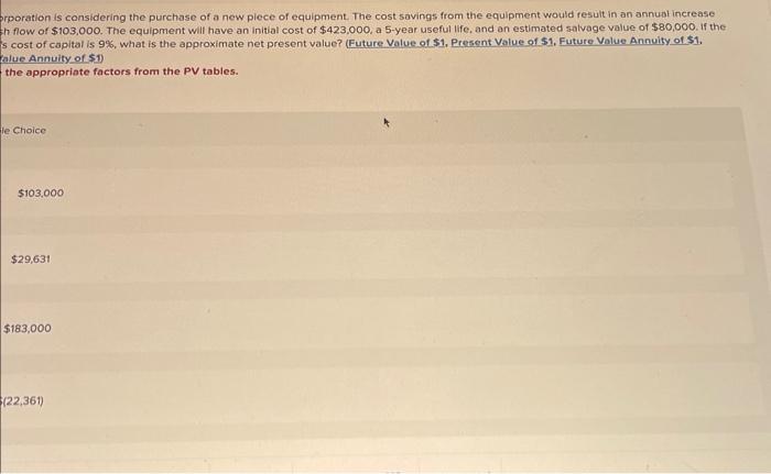 The equipment will have an initial cost of $423,000, a 5 -year