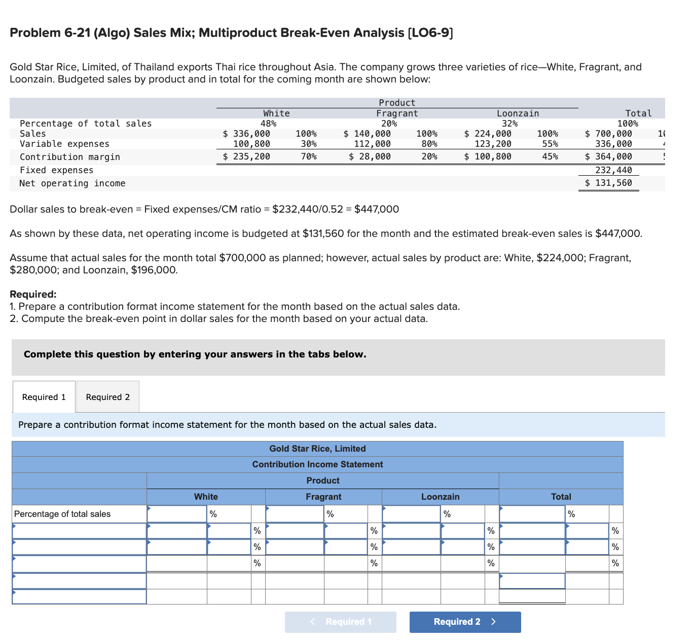  Problem 6-21(Algo) Sales Mix; Multiproduct Break-Even Analysis [L06-9] Gold Star Rice,