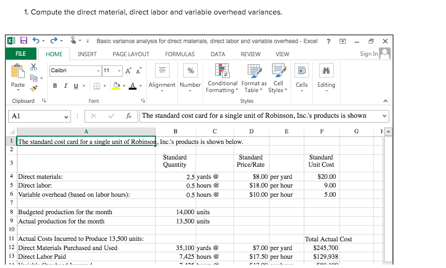 1. Compute the direct material, direct labor and variable overhead variances.