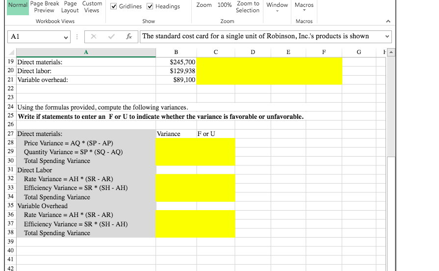 direct materials, direct labor and variable overhead - Excel INSERT PAGE LAYOUT
