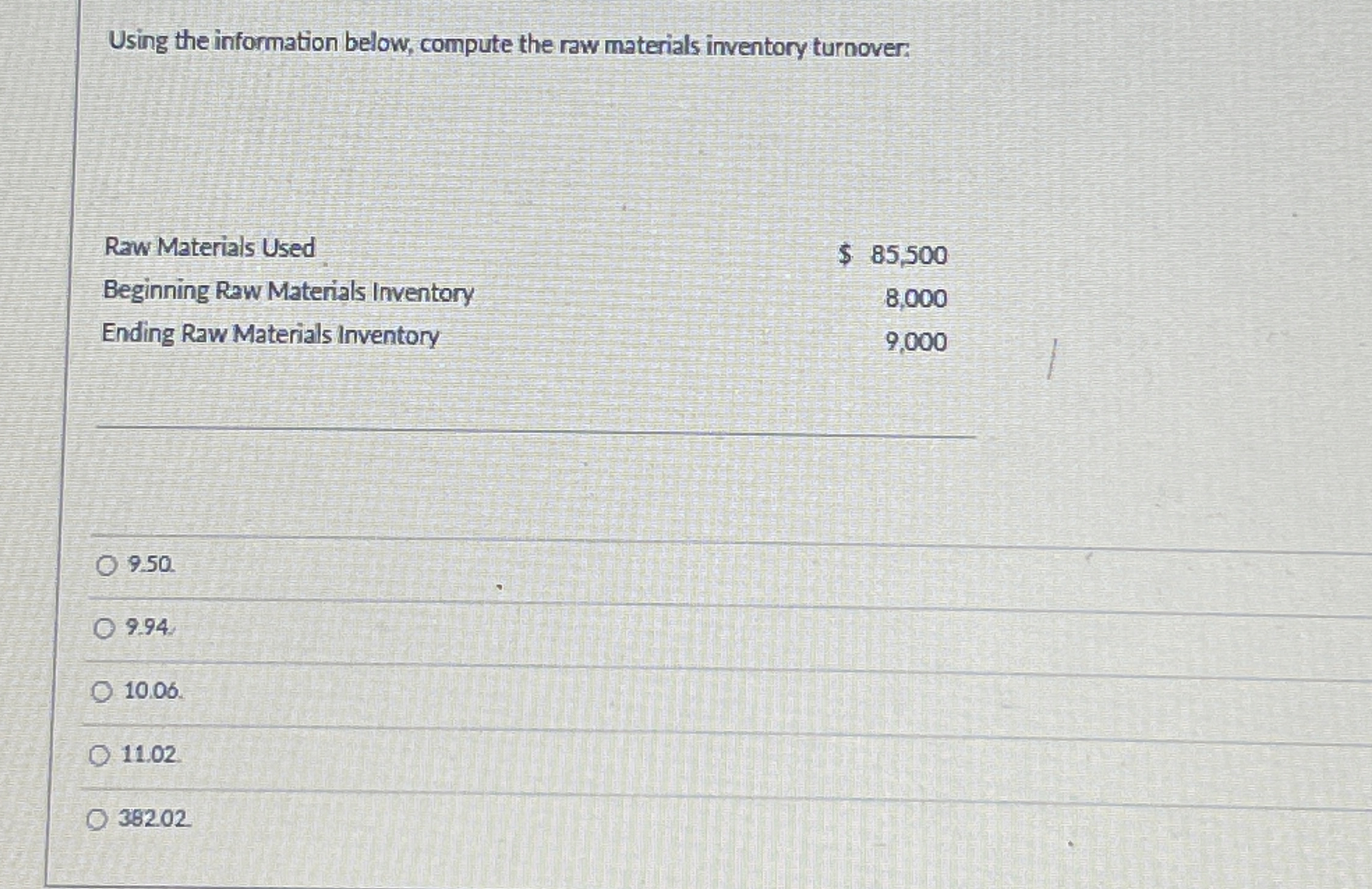  Using the information below, compute the raw materials inventory turnover: Raw