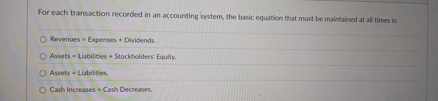  For each transaction recorded in accounting system, the basic equation that