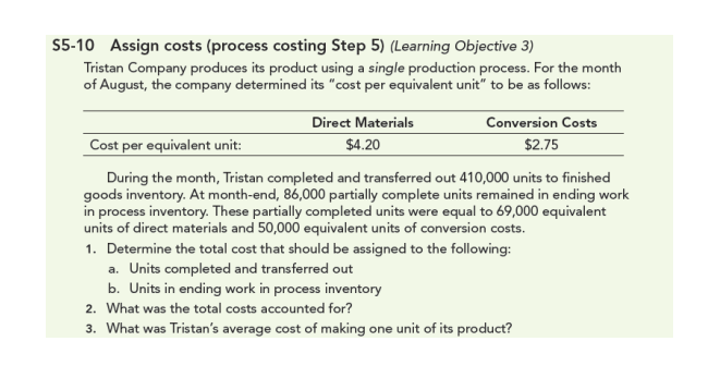 55-10 Assign costs (process costing Step 5) (Learning Objective 3) Tristan