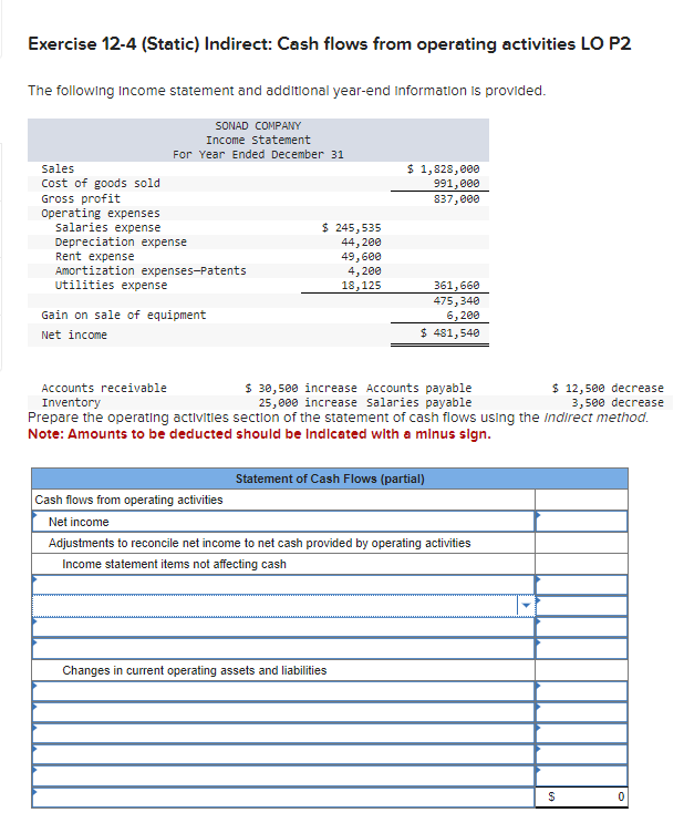  Exercise 12-4(Static) Indirect: Cash flows from operating activities LO P2 The