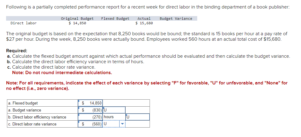  Following is a partially completed performance report for a recent week