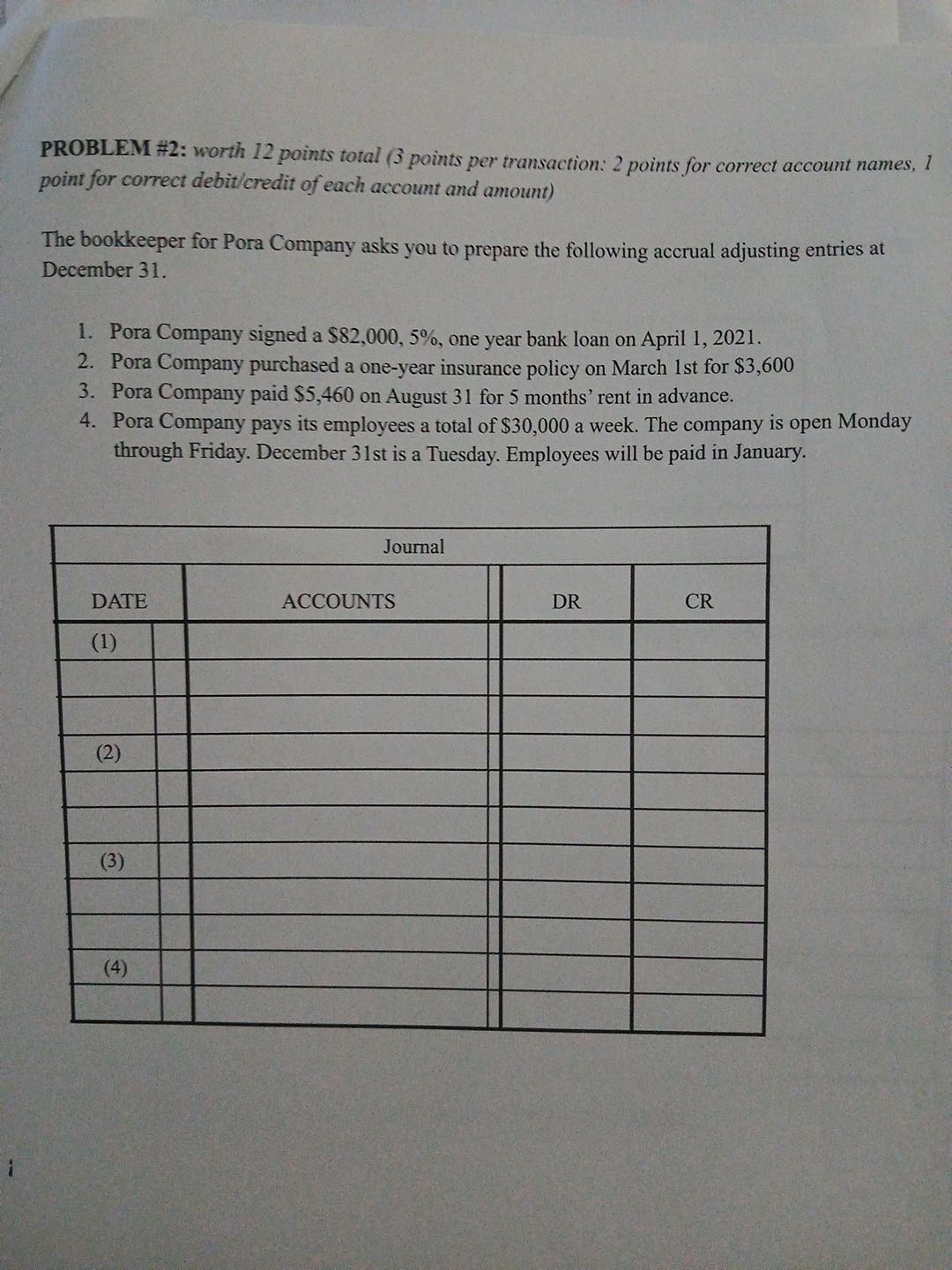  Steps fo PROBLEM #2: worth 12 points total (3 points per